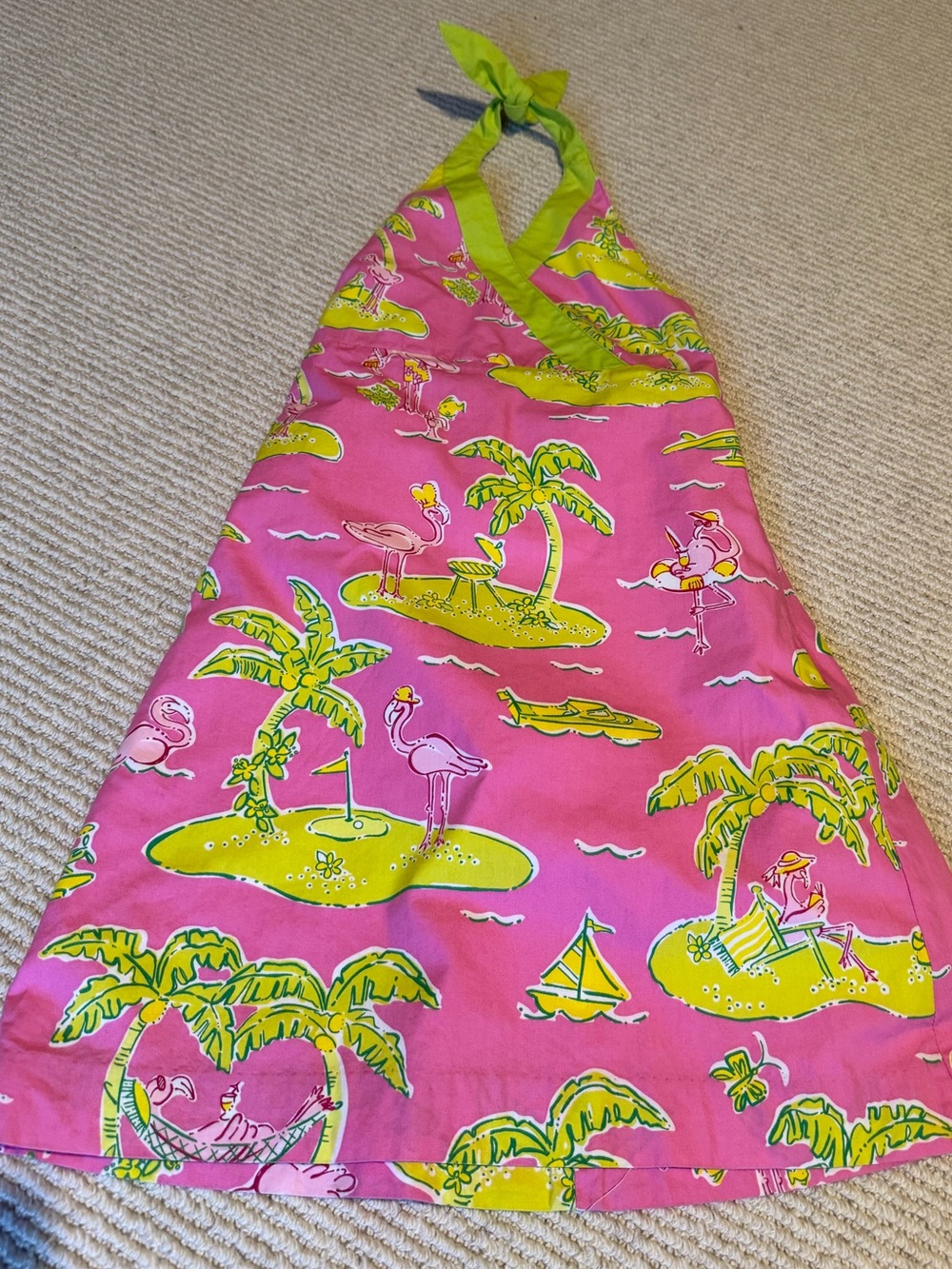 Girls Lilly Pulitzer Pink Halter Dress with Lime and Yellow Island Print size 8
